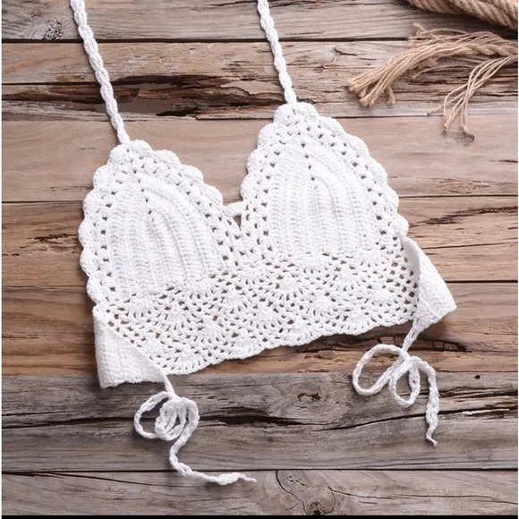 Crochet bikini crop top cream white open back halter sexy back tie - Picture 4 of 5